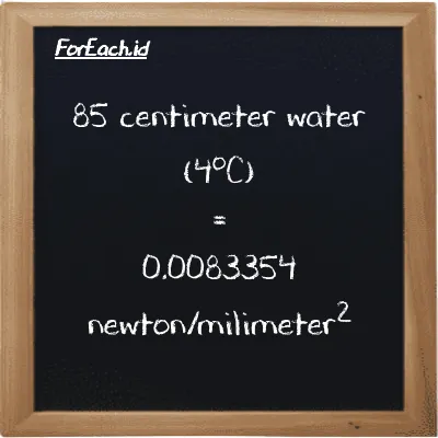 85 centimeter water (4<sup>o</sup>C) is equivalent to 0.0083354 newton/milimeter<sup>2</sup> (85 cmH2O is equivalent to 0.0083354 N/mm<sup>2</sup>)